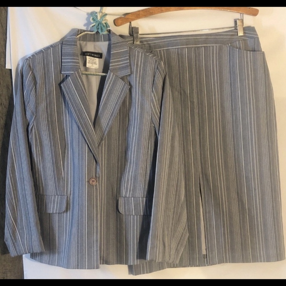 Vtg Soft Works Sz 12 Skirt Suit Set Midi Denim Blue Vertical Stripes One Button